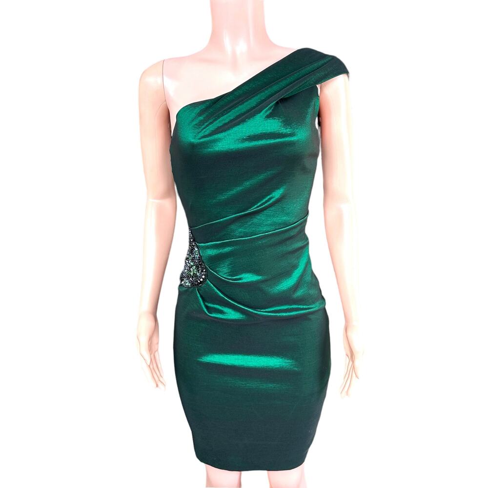 XSCAPE Emerald Green Goddess One Shoulder Bodycon Dress Showstopper! Size 6